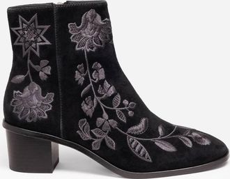 Johnny Was Womens Chiara Embroidered Suede Bootie In Black