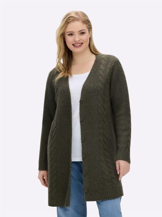 Sheego Longstrickjacke SHEEGO, Damen, Gr. 44/46, khaki, ecru, meliert, 55% Polyacryl, 36% Polyester, 5% Wolle, 4% Elasthan, unifarben, Strickjacken Longstric