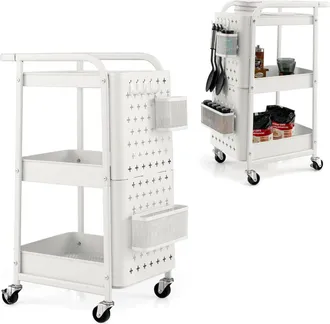 Costway Costway Carro De Almacenamiento 3 Niveles, Carro Organizador De Utensilios Con Doble Placa De Madera Para Bricolaje, 2 Cestas, 4 Ganchos, Asa Y Ruedas