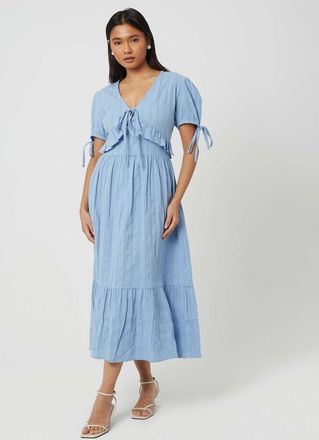 Brave Soul Vestito lungo blu con maniche a sbuffo, laccetti e volant