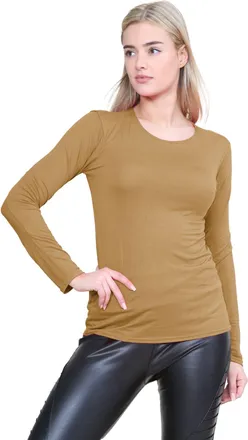 Janisramone Hamishkane Long Sleeve T Shirts Women, Round Neck Stretchy T Shirts, Plain Slim Fit Going Out Tops, Breathable Basic Summer Tops for Women UK Camel