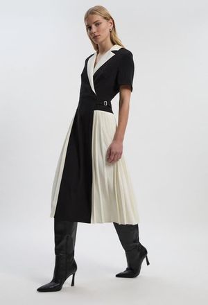 Karen Millen Tailored Crepe Pleated Midi Shirt Dress in Mono at Nordstrom, Size 12