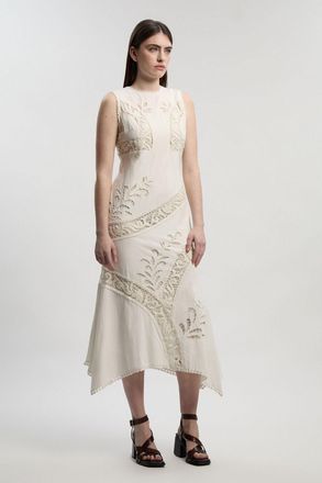 Karen Millen Womens Cutwork And Embroidery Linen Viscose Woven Maxi Dress - White - Size 12 UK