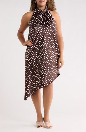 Renee C Polka Dot Asymmetric Hem Satin Halter Dress in Brown at Nordstrom Rack, Size 2 X