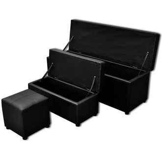 vidaXL Banco Ba&uacute;l De Interior Negro Con Taburete, 3 Unidades Vidaxl