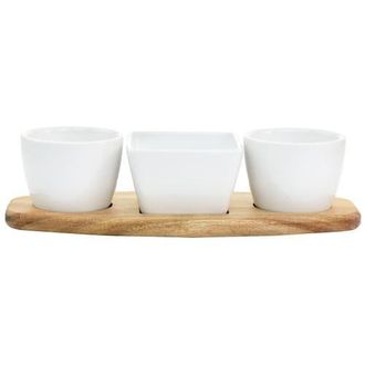 Gibson Home Gracious Dining 4 Piece Fine Ceramic Tidbit Dish Set with Acacia Wood Base in White at Nordstrom