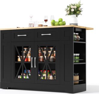 STILVORA Carrello Da Cucina Con 2 Ante In Vetro, 6 Ripiani Aperti, Tavolo Ribaltabile, Prese Ac E Usb, 120x40x92 Cm