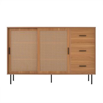 Urban Meuble Aparador de madera y ca&ntilde;a natural con puertas correderas