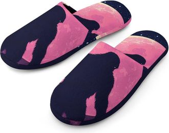 Generic Bigfoot And Moon Purple Flannel Mens Slip-on Slippers Winter Warm House Shoes with Rubber Sole for Home Hotel
