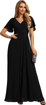 Ever-pretty Women Dress Maxi Bridesmaid Dress Elegant Short Ruffles Sleeve with Deep V Neck and Slit Long Chiffon Wedding Guest Dress Black 18UK
