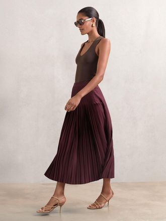 Reiss Burgundy Satin Pleated Midi Skirt, 14