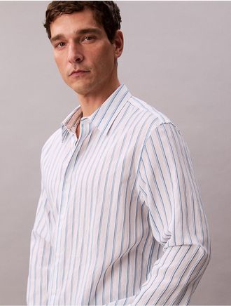 Calvin Klein Mens Viscose Nylon Blend Stripe Relaxed Button-Down Shirt - White - 2XL