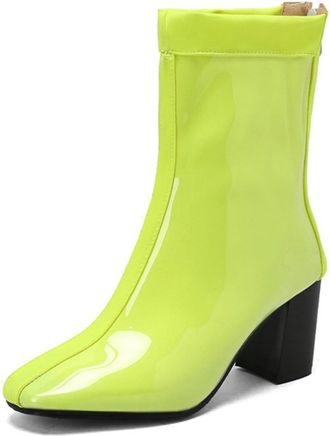 Generic Womens Square Toe Patent Leather Ankle Boots Chunky Heel Casual Booties with Side Zip,Yellow,1.5 UK