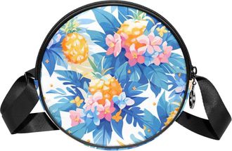 Generic Circle Crossbody Bag for Women, Pineapple Flowers Small Sling Bag Daypack with Zipper Adjustable Shoulder Straps Casual Ladies Girls Round Purse