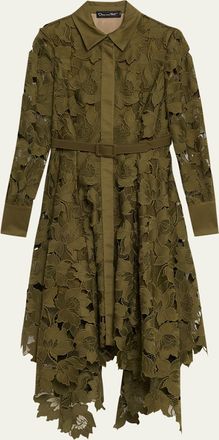 Oscar De La Renta Floral Embroidered Handkerchief Midi Dress