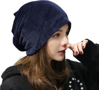 Generic Velvet Slouchy Beanie Hat, Winter Warm Cap, Soft Casual Style, Blue, One Size