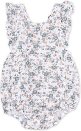 Angel Dear Camille Floral Ruffle Organic Cotton Muslin Romper in Off White Green at Nordstrom, Size 12-18M