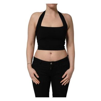 Dolce & Gabbana Sleeveless Tops, female, Black, Size: S Square Neck Halter Cropped Tank Top