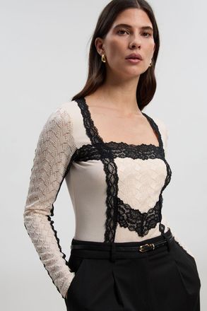 Karen Millen Womens Lace Textured Scoop Neck Bodysuit - Cream - Size X-Small