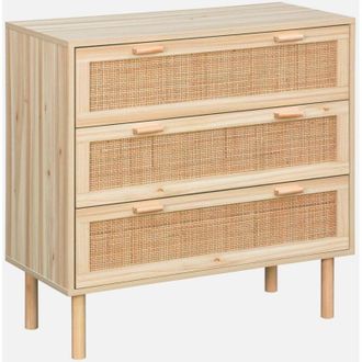 Sweeek Sweeek - Arcón de 3 cajones con caña y efecto madera, Camargue, Natural, 80x40x80 cm