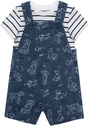 Little Me Puppies Overalls & Stripe T-Shirt Set in Blue at Nordstrom, Size 12M