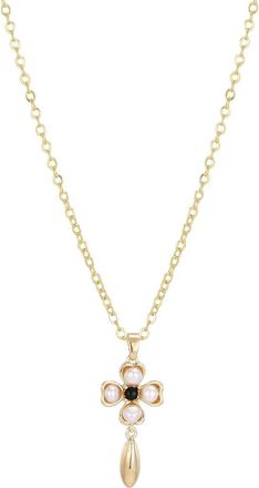 Adornia 14K Gold Plated Freshwater Pearl & Onyx Clover Pendant Necklace in White/Gold at Nordstrom Rack