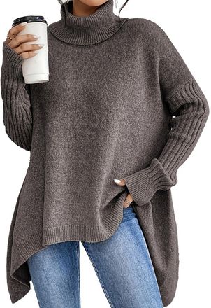 Generic Womens Fashion Solid Color Turtleneck Sweater, Oversized Drop Shoulder Asymmetrical Hem Sweater, Casual Pullover Tops (M,Brown)