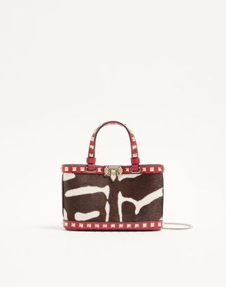 Valentino Garavani Mini borsa shopping Valentino Garavani Rockstud In Vitello Effetto Cavallino Animalier Donna BIANCO/MARRONE/ROSSO UNI