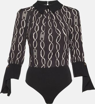 Elisabetta Franchi Black Logo Chain Print Crepe Long Sleeve Bodysuit