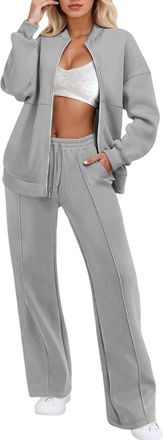 Generic Two Piece Sets for Women Tracksuit Full Set Zip Up Tops and Elasticized Waist Wide Leg Trousers Casual Loungewear Coord Sets Winter Soft Warm Jogging 