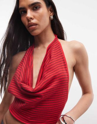 Frankies Bikinis x Jennie Kim - Top allacciato al collo rosso a righe