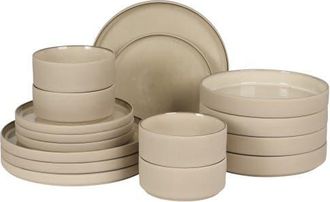 Gibson Home Liberty Bay 16-Piece Stoneware Stackable Plates and Double Bowl Dinnerware Set in Taupe at Nordstrom