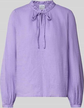 Emily van den Bergh Leinenbluse mit Serafino-Kragen und Schn&uuml;rung in Lila, Gr&ouml;&szlig;e 36