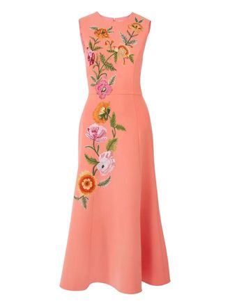 Carolina Herrera floral-embroidered midi dress - women - Polyester/Polyurethane - 12 - Pink