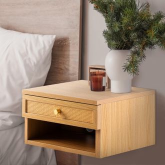 Jonathan Y Designs Celerie 15.71 Mid-Century Modern Floating Wall Mounted Nightstand with Soft-Close Rattan Drawer and Cable Hole