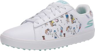 Skechers Womens Go Drive Dogs at Play Spikeless Golf Shoe, White/Blue, 10 M US