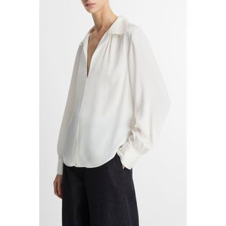 Vince Placed Smocked Silk Blend Shirt in Off White at Nordstrom Rack, Size Small