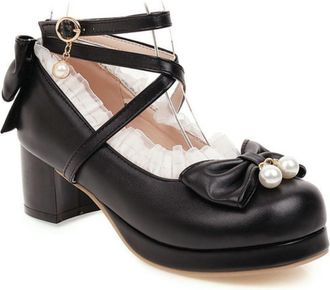 Generic Womens Lolita Style Crisscross Strap Block Heel Shoes - Sweet Bow & Pearl Round-Toe Pumps,Black,6.5 UK