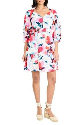 Maggy London Three Quarter Sleeve Printed Minidress in Soft White/Pink at Nordstrom Rack, Size X-Small