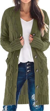 Merokeety Womens 2025 Long Sleeve Cardigan Sweater Fall Winter Cable Knit Open Front Button Long Outerwear, Army Green, XXL
