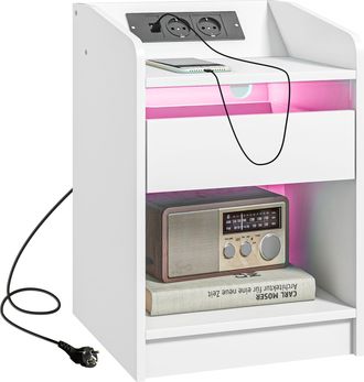 OEM Mesilla De Noche Con Luces Led Caj&oacute;n Estante Estaci&oacute;n De Carga Puertos Usb Y Control Remoto 40x40x58 Cm Blanco