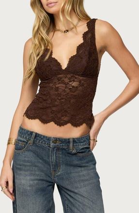 Edikted Araura Open Back Velvet Lace Crop Top in Dark-Brown at Nordstrom, Size X-Small