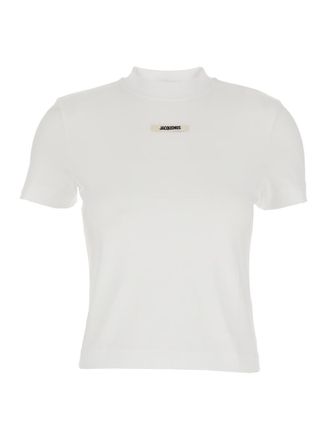 Jacquemus Le T-Shirt Gros Grain White Crewneck T-Shirt With Logo Patch On The Front In Cotton Stretch Woman