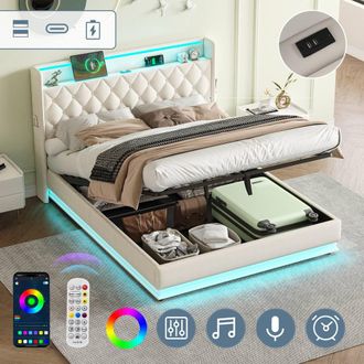Matteo 4ft6 Double Upholstered Ottoman Bed - Hydraulic Storage & LED - Beige