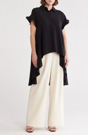 Patrizia Luca Ruffle High-Low Button-Up Shirt in Black at Nordstrom Rack, Size Small/medium