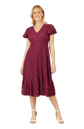 Yumi Short Sleeve Lace Midi Skater Dress in Burgundy at Nordstrom, Size 10