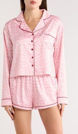 Honeydew Intimates Morning Dew Long Sleeve Satin Short Pajamas in Pink Leopard at Nordstrom Rack, Size X-Large