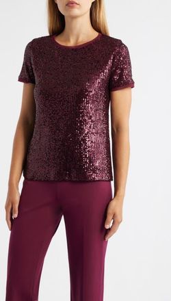 Anne Klein Short Sleeve Sequin Mesh Top in Chianti at Nordstrom, Size X-Large