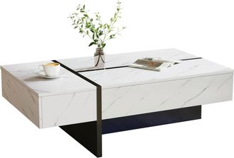 STILVORA Mesa De Centro Con 3 Cajones Y Led Controlado Por App, Tablero Alto Brillo Efecto M&aacute;rmol, En Aglomerado, Blanco