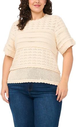 CeCe by Cynthia Steffe Multi Stitch Pointelle Knit Cotton Sweater in White Swan at Nordstrom, Size 3X